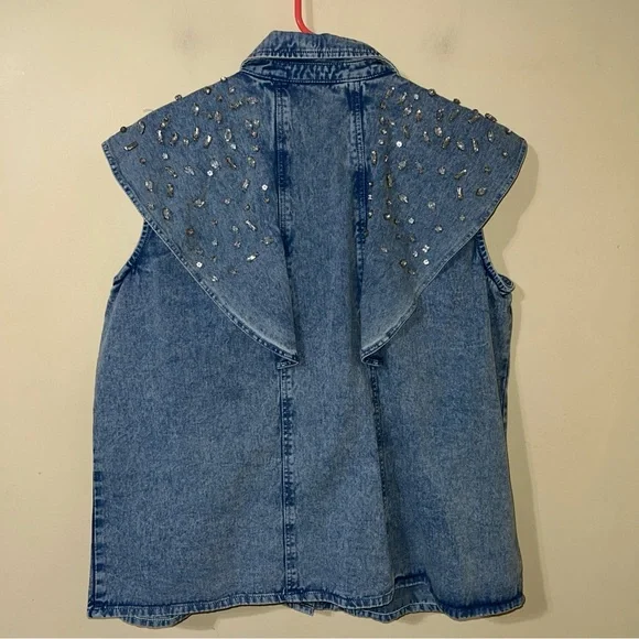 NWT Anthropologie Let Me Be Denim Rhinestone Vest Flutter Sleeve Embellished Top - Picture 5 of 5